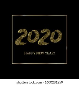 2020 Gold Black Rich Square Vector Banner. Hand Painted Brush Stroke Winter Celebration Layout. Graffiti Card New Year, Christmas Music Party Ornament. 2020 Trendy Funky New Year Ad Cover
