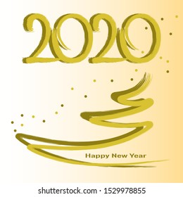 2020 gold brush painted on gradient yellow background. Golden brush contour of New Year tree and snowflake. Vector illustration for greeting card design for Christmas and New Year.