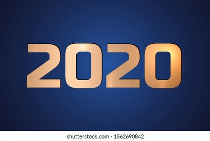 2020 gold design template on blue background. Realistic figures with metal texture. New year modern composition with light and shadow. Vector illustration. Concept for holiday print, web banner