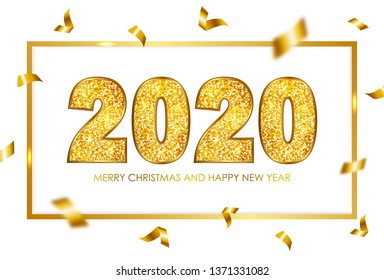 2020 gold glitter texture type with frame and confetti. Merry Christmas and Happy New Year greeting card. 