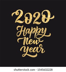 2020 gold Merry Christmas and Happy New Year. Vector hand drawn lettering illustration with golden flashes. Flat inscription handwritten shine font, text in italics brush. Quote for congratulations.