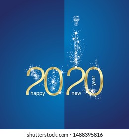 2020 Gold New Year eve spark firework champagne blue illustration banner