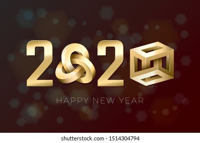 2020 Gold Numerals Logo with Triple Mobius Loop and Irrational Cube Impossible Figures and Happy New Year Lettering - Golden on Luminous Hexagons Background - Vector Gradient Graphic Design