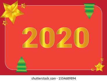 2020 gold on a red background, gold stars and Christmas trees