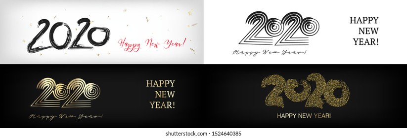 2020 Gold Red Horizontal Vector Banner Set. New Year, Christmas Music Party Ornament. Hand Painted Brush Stroke Winter Celebration Layout. Graffiti Trail 2020 Noble New Year Ad Flyer Design