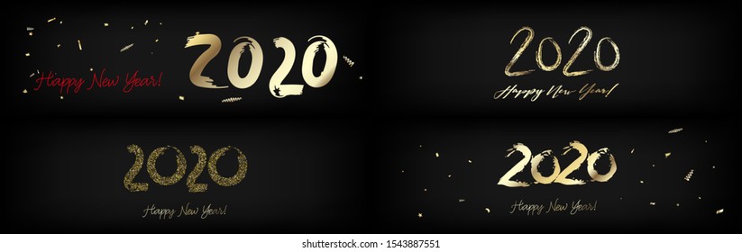 2020 Gold Red Horizontal Vector Banner Set. New Year, Christmas Music Party Decoration. Hand Painted Brush Stroke Winter Celebration Layout. Stained Teal Modern 2020 New Year Ad Graphic Frame