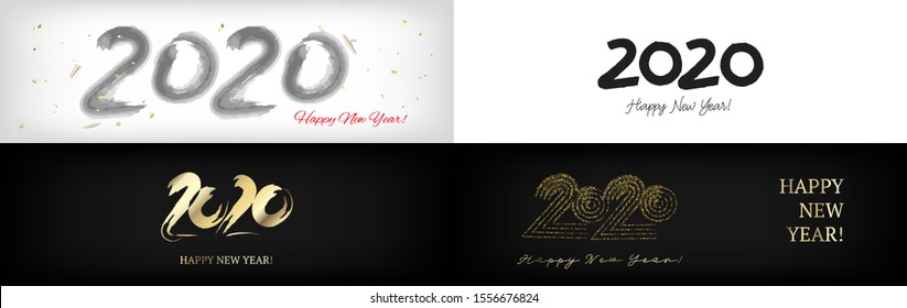 2020 Gold Red Horizontal Vector Banner Set. Hand Painted Brush Stroke Winter Celebration Layout. Dirty Card New Year, Christmas Music Party Ornament. 2020 Trendy Funky New Year Ad Cover