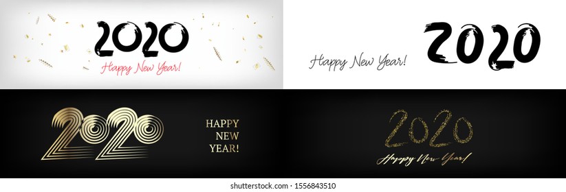 2020 Gold Red Horizontal Vector Banner Set. Dirty Trail Hand Painted Brush Stroke Winter Celebration Layout. New Year, Christmas Music Party Ornament. 2020 Trendy Funky New Year Ad Cover