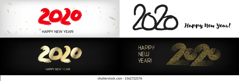 2020 Gold Red Horizontal Vector Banner Set. New Year, Christmas Music Party Ornament. Hand Painted Brush Stroke Winter Celebration Template. Graffiti Teal 2020 New Year Ad Grunge Minimal Banner
