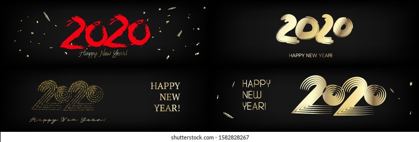 2020 Gold Red Horizontal Vector Banner Set. New Year, Christmas Music Party Ornament. Graffiti Teal Hand Painted Brush Stroke Winter Celebration Template. 2020 Trendy Funky New Year Ad Cover