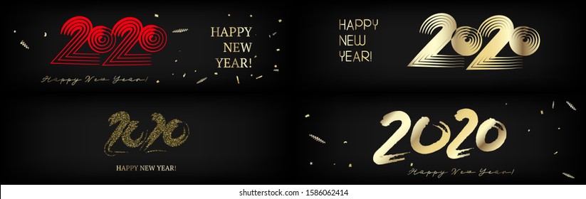 2020 Gold Red Horizontal Vector Banner Set. Hand Painted Brush Stroke Winter Celebration Layout. Grunge Trail New Year, Christmas Music Party Decoration. 2020 New Year Ad Grunge Minimal Banner