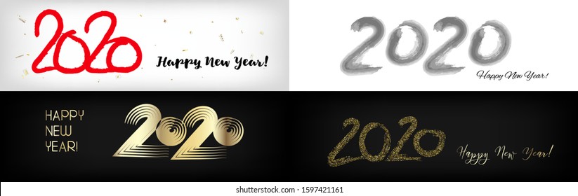 2020 Gold Red Horizontal Vector Banner Set. Hand Painted Brush Stroke Winter Celebration Design. Graffiti Card New Year, Christmas Music Party Ornament. 2020 Trendy Funky New Year Ad Cover