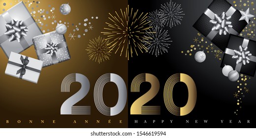2020 - gold, silver and black greeting card decorated with fireworks and gifts - english french text - translation: happy new year.