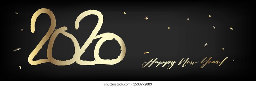 2020 Gold VIP Horizontal Wide Vector Banner. Hand Painted Brush Stroke Winter Celebration Template. Graffiti Shape New Year, Christmas Music Party Decoration. Modern 2020 New Year Ad Graphic Frame