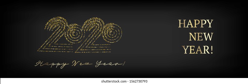 2020 Gold VIP Horizontal Wide Vector Banner. New Year, Christmas Music Party Ornament. Stained Trail Hand Painted Brush Stroke Winter Celebration Design. 2020 Noble New Year Ad Flyer Design