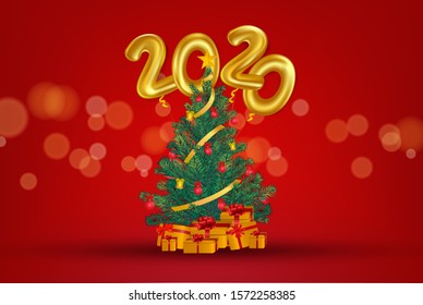 2020 golden balloon fly on christmas tree and gold gift boxes on blurred light background. concept dor christmas and new year interior decoration in vector illustration