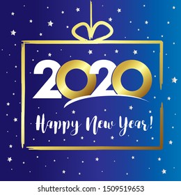 2020 in golden gift box, Happy New Year card. Lettering Xmas greeting inscription 20 & 20 and silver stars on blue winter background. Vector illustration