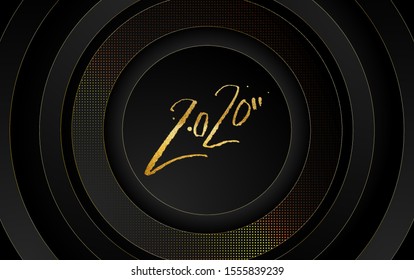 2020 Golden Glittering Calligraphy on Dark Deep Luxury Background. Vector Premium Holiday Banner Template.