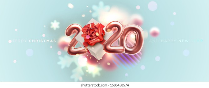 2020 golden liquid number with Christmas gift. Happy New Year trendy cover background design with ribbons, tinsel and confetti for greeting card, banner, placard or poster. Eps10 vector illustration