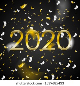2020 golden New Year abstract background with confetti. Vector Christmas greeting card design
