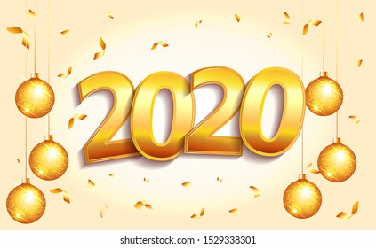 2020 golden New Year sign in winter holiday  light background with christmas balls. Vector New Year illustration.