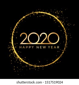 2020 golden New Year in golden sparkling ring with dust glitter on dark background, Happy New Year decorative shiny design for award celebration - stock vector