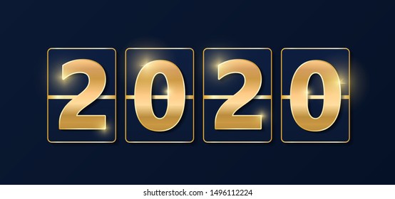 2020 golden shiny sign. New year and Christmas 2020 gold concept. Luxury numbers on banner. Congratulation or sale abtract. Blue new year eve countdown. Scoreboard style. Vector illustration