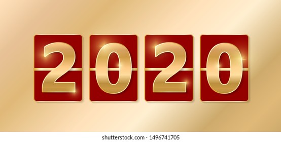 2020 golden shiny sign. New year and Christmas 2020 gold concept. Luxury numbers on banner. Congratulation or sale abtract. Red new year eve countdown. Scoreboard style. Vector illustration