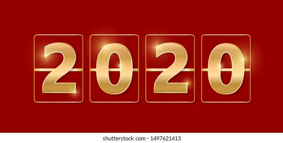 2020 golden shiny sign. New year and Christmas 2020 gold concept. Luxury numbers on banner. Congratulation or sale abtract. Red new year eve countdown. Scoreboard style. Vector illustration