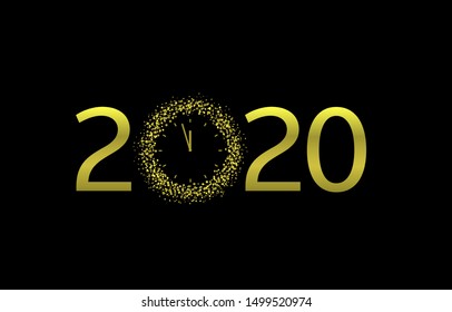 2020 Golden text with golden magic clock. Merry Christmas and Happy New Year