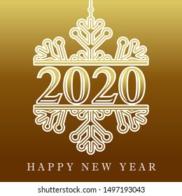 2020 golden winter snow, Happy New Year card. Lettering Xmas greeting inscription and white snowflake on gold background. Vector illustration