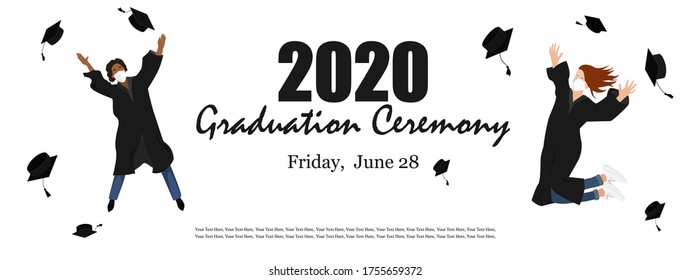 2020 Graduation ceremony banner. Young graduate students in medical masks jumping and throwing the mortarboard high into the air. Flat vector illustration isolated on white.
