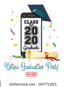 2020 graduation ceremony remotely online. Broadcast the party through social networks to prevent coronavirus infection. Quarantine measures, technology, illustration, vector