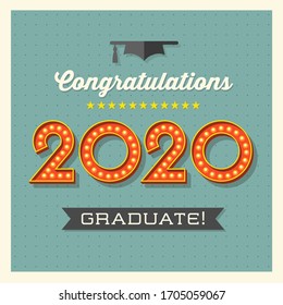 2020 graduation greeting card or banner design with vintage light bulb sign numbers. Congratulations to the graduate. Vector illustration.