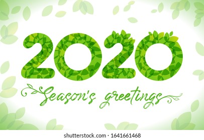 2020 green sign. Seasonal numbers. Happy holiday congrats. Green leaves frame, calligraphic brushing text with plant elements. 2, 20% percent off concept. Isolated abstract graphic design template.