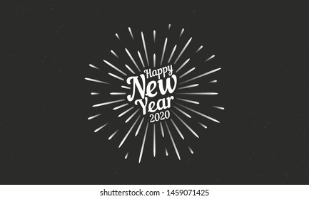 2020 greeting card. Happy New Year poster with light rays, sunburst. Vintage winter holidays poster. Vector Illustration