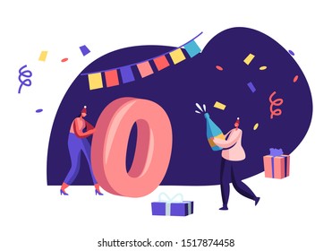 2020 Greeting Card for Happy New Year Celebration Concept. Tiny Woman Rolling Huge Zero Number. Girl with Champagne Bottle. Friends Party, Congratulations Invitation. Cartoon Flat Vector Illustration