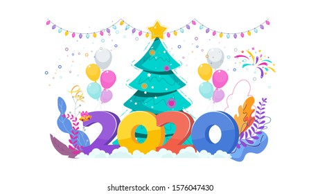 2020 greeting card. Huge Christmas Tree. Boxes with gifts, garland hangs. Flashes of fireworks, streamer, confetti. Greeting card for Christmas and New Year. Trending flat design illustration.