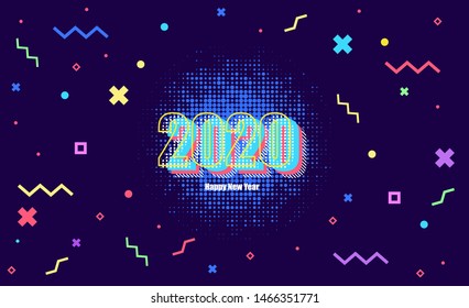 2020, Greeting card with inscription Happy New Year 2020. Memphis geometric bright style for Happy New Year or Merry Christmas. Holiday background, banner, poster. Vector Illustration 