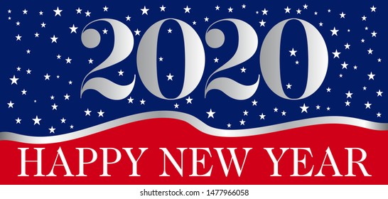 2020 greeting card inspired by white and red blue american flag on starry background.