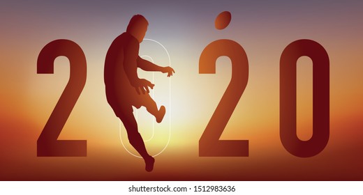 2020 greeting card on the theme of sport, with a rugby player in action, who transforms a test by shooting between the poles