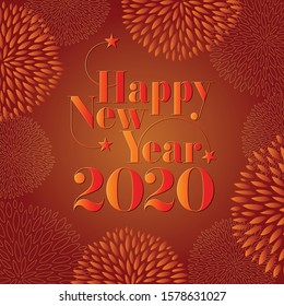 2020 - greeting card in orange shade, decorated with fireworks and English text.