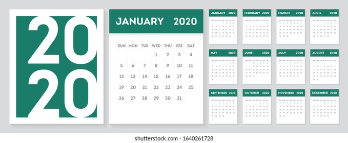 2020 Gregorian calendar design template. Set of 12 months calendar in a minimalist style.