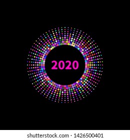 2020 halftone color circle tag, pink banner, new year frame, text 2020, isolated gold gradient circle. Vector illustration