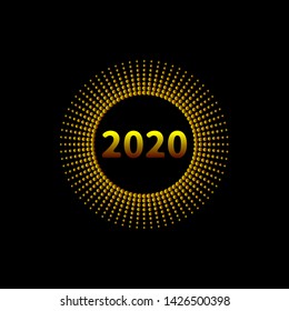 2020 halftone gold circle tag, golden banner, new year frame, text 2020, isolated gold gradient circle. Vector illustration