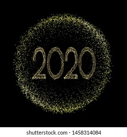 2020 halftone gold circle tag, golden banner, new year frame, text 2020, isolated gold gradient circle. Vector illustration