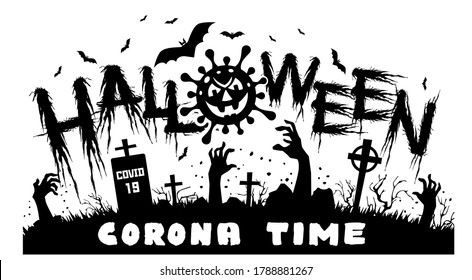 2020 Halloween poster with horror elements: zombie hands, pumkin, coronavirus, bat. Illustration, vector on transparent background