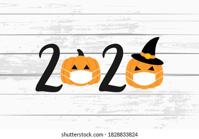 2020 Halloween printable. Pumpkins with medical masks. Halloween pumpkins. Vector