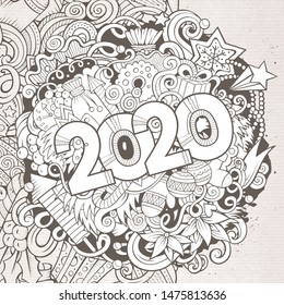 2020 hand drawn doodles contour line illustration. New Year poster. Holidays cartoon banner design element. Christmas coloring book pencil drawing. Isolated vector