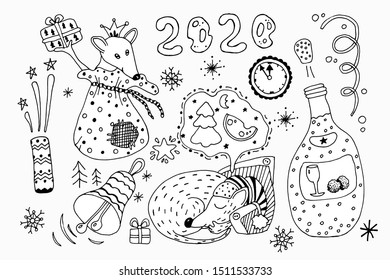 2020 hand drawn doodles horizontal illustration. Big set, New Year and Christmas objects and elements. For design creative cartoon holidays art background. Vector drawing